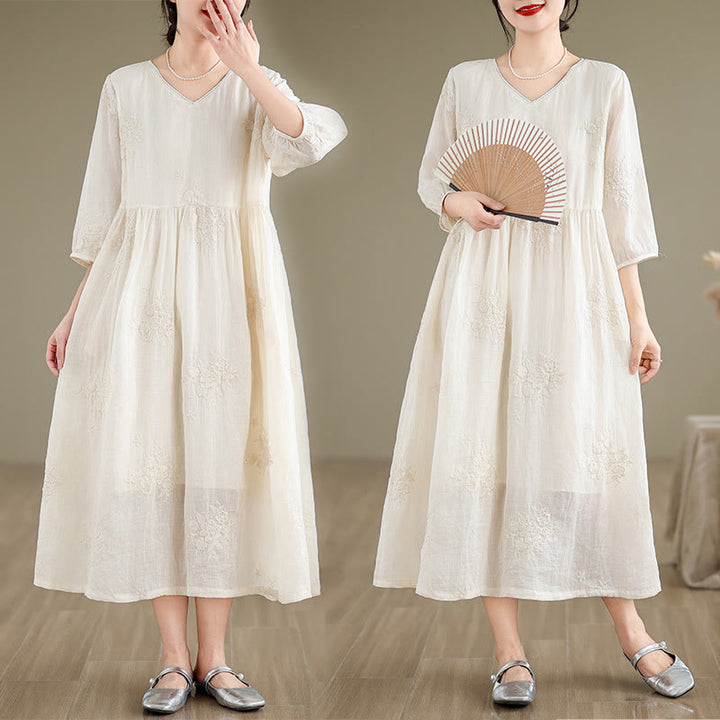 Robe midi décontractée beige en coton et lin avec broderie Buddha Stones et poches, manches trois-quarts - image 7