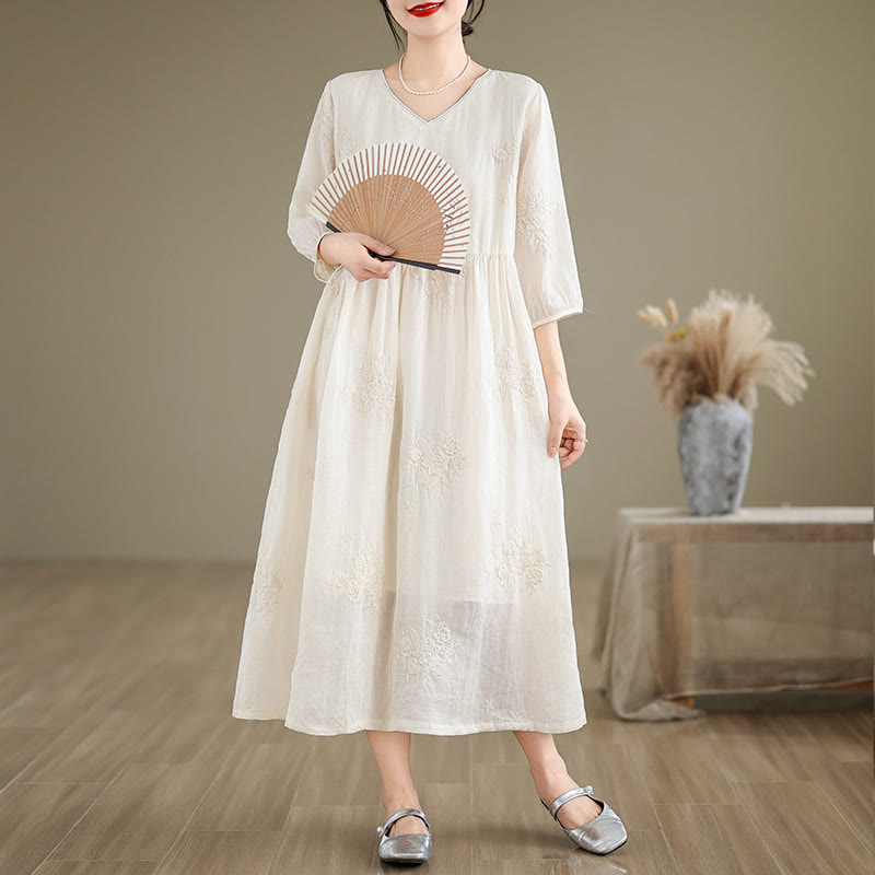 Robe midi décontractée beige en coton et lin avec broderie Buddha Stones et poches, manches trois-quarts - Beige - US8-10，UK/AU12-14，EU40-42 (2XL) - image 1