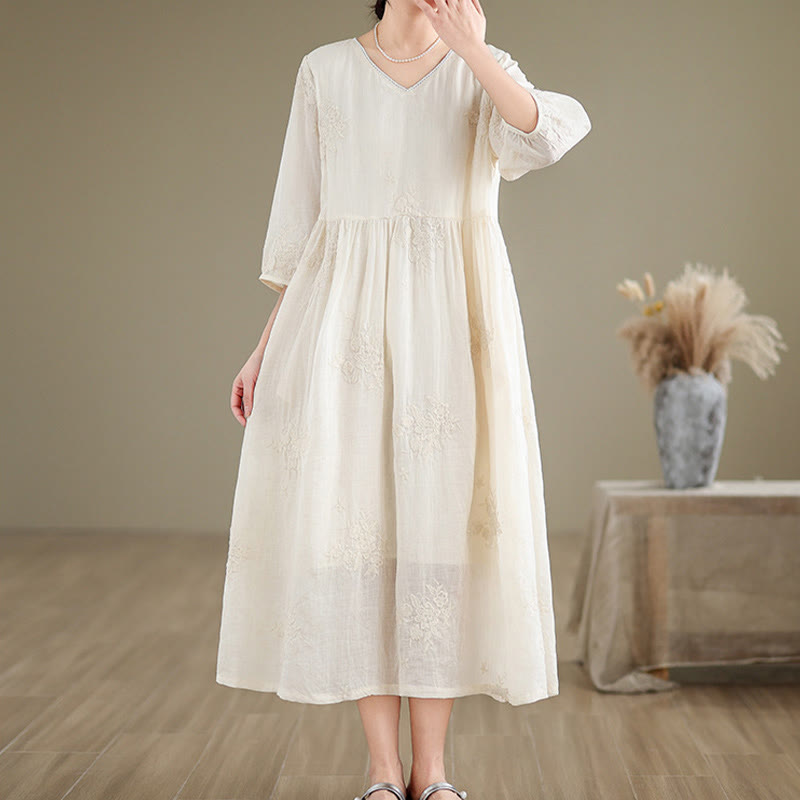 Robe midi décontractée beige en coton et lin avec broderie Buddha Stones et poches, manches trois-quarts - image 3