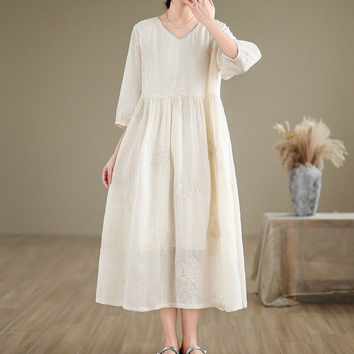 Robe midi décontractée beige en coton et lin avec broderie Buddha Stones et poches, manches trois-quarts - image 3
