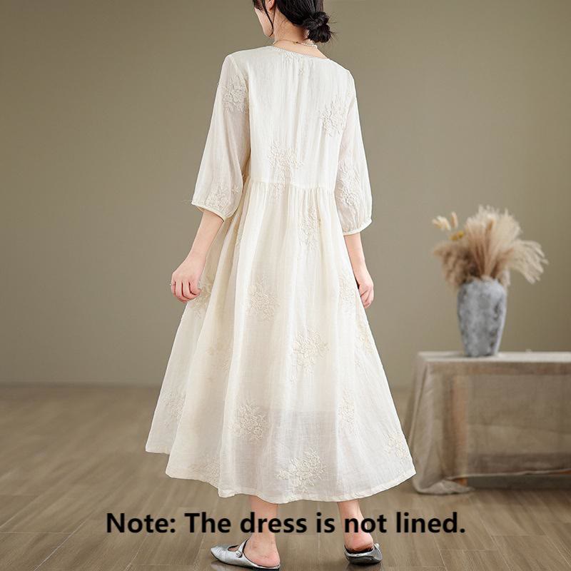 Robe midi décontractée beige en coton et lin avec broderie Buddha Stones et poches, manches trois-quarts - image 2