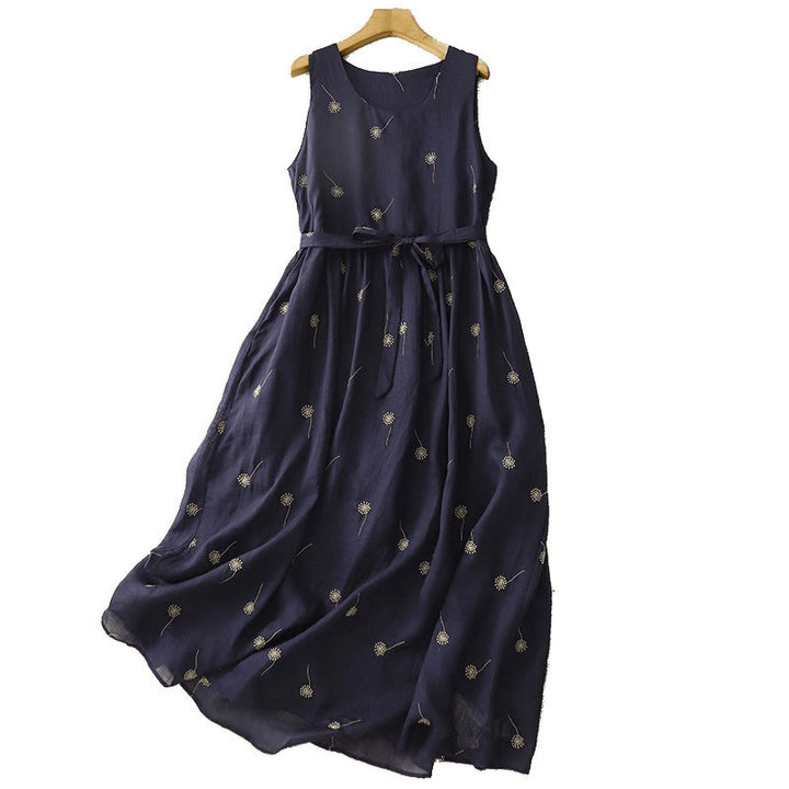 Robe mi-longue en coton sans manches avec imprimé Buddha Stones bleu nuit et lacets, avec poches - image 11