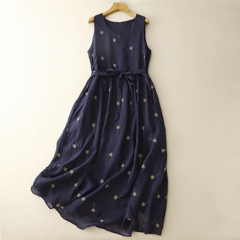 Robe mi-longue en coton sans manches avec imprimé Buddha Stones bleu nuit et lacets, avec poches - Bleu nuit - US8-10，UK/AU12-14，EU40-42 (2XL) - image 0