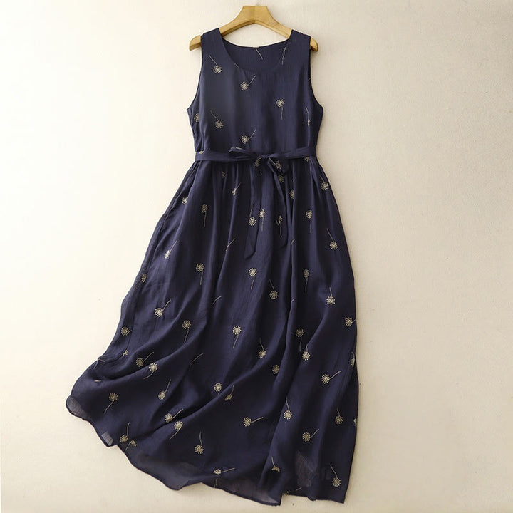 Robe mi-longue en coton sans manches avec imprimé Buddha Stones bleu nuit et lacets, avec poches - Bleu nuit - US8-10，UK/AU12-14，EU40-42 (2XL) - image 0