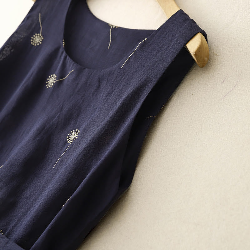 Robe mi-longue en coton sans manches avec imprimé Buddha Stones bleu nuit et lacets, avec poches - image 4
