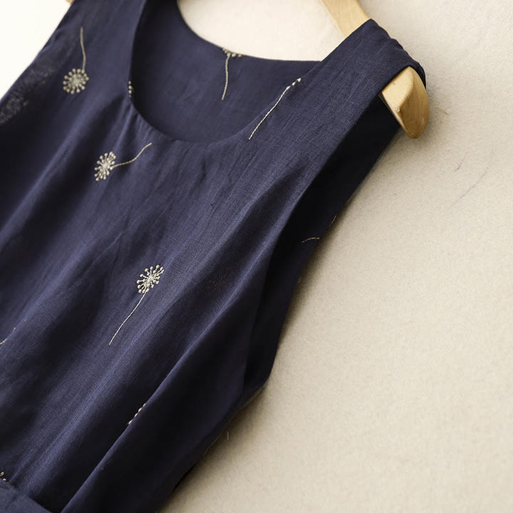 Robe mi-longue en coton sans manches avec imprimé Buddha Stones bleu nuit et lacets, avec poches - image 4