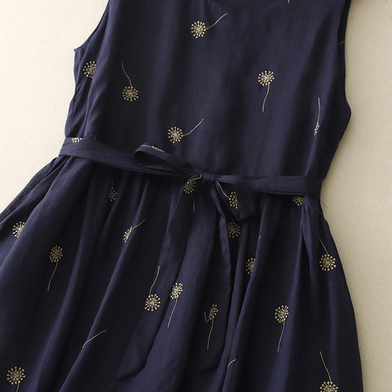 Robe mi-longue en coton sans manches avec imprimé Buddha Stones bleu nuit et lacets, avec poches - image 8