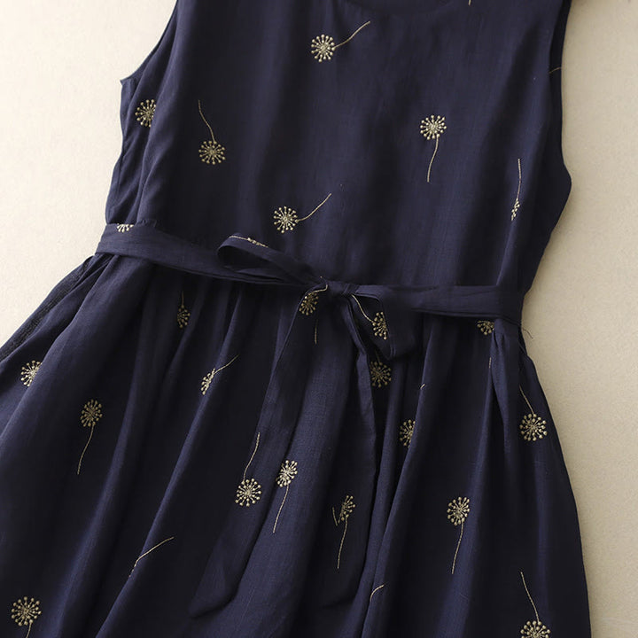 Robe mi-longue en coton sans manches avec imprimé Buddha Stones bleu nuit et lacets, avec poches - image 8