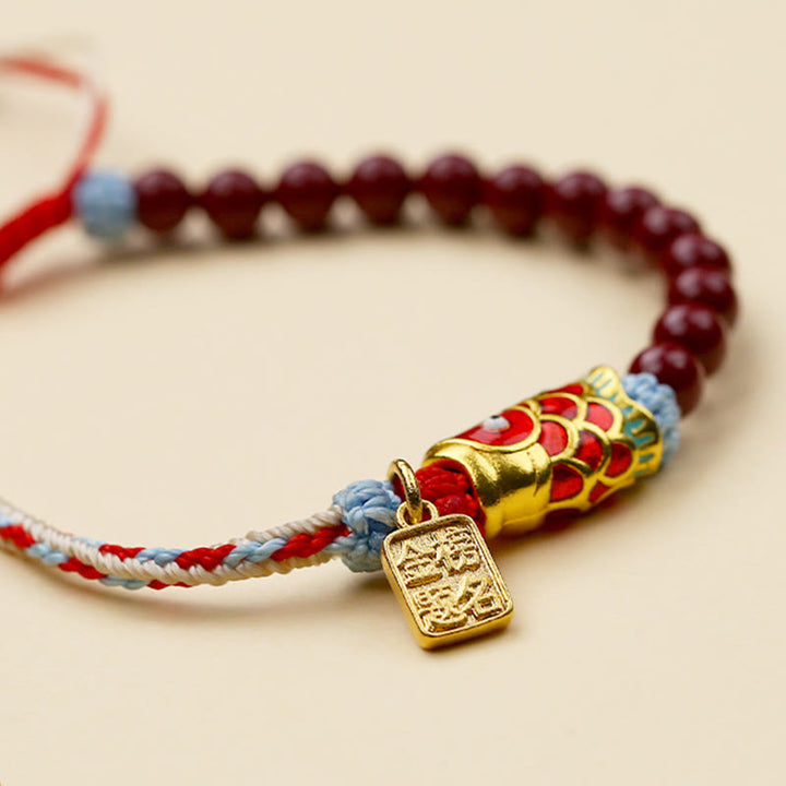 Bracelet porte-bonheur en perles de cinabre et Buddha Stones , poisson koï