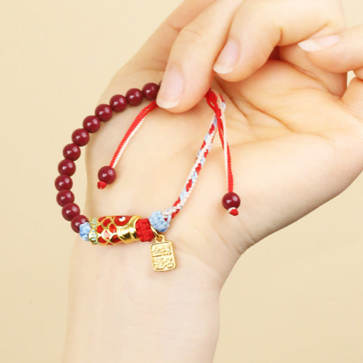 Bracelet porte-bonheur en perles de cinabre et Buddha Stones , poisson koï
