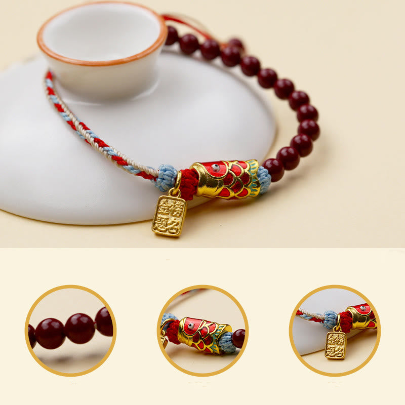 Bracelet porte-bonheur en perles de cinabre et Buddha Stones , poisson koï