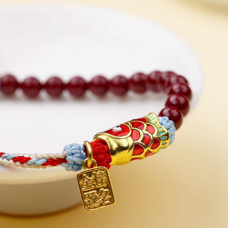 Bracelet porte-bonheur en perles de cinabre et Buddha Stones , poisson koï