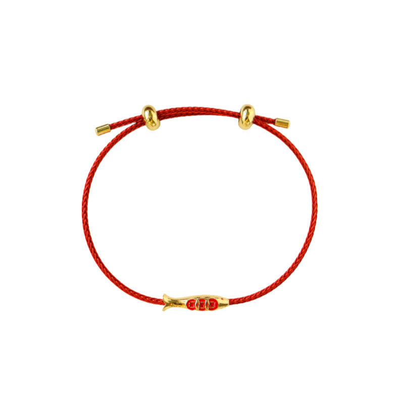 Bracelet de richesse en laiton avec Buddha Stones et poisson koï, fil rouge