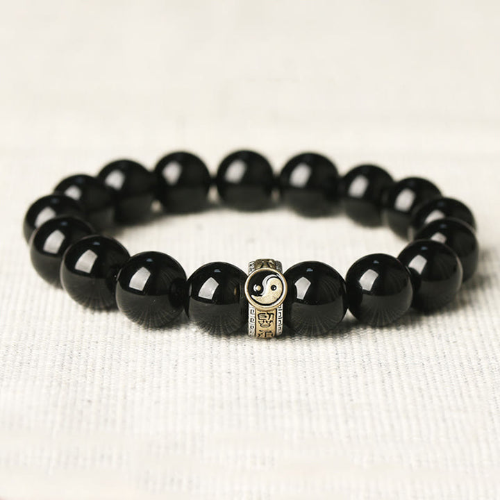 Bracelet d'accomplissement du mantra Yin Yang à neuf caractères en obsidienne noire et Buddha Stones