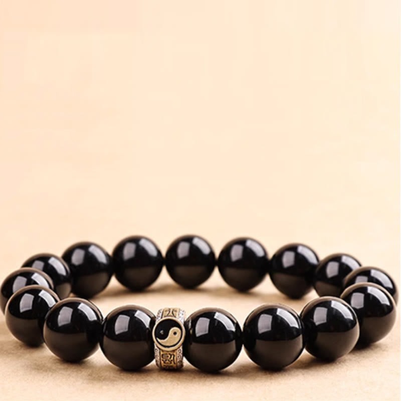 Bracelet d'accomplissement du mantra Yin Yang à neuf caractères en obsidienne noire et Buddha Stones