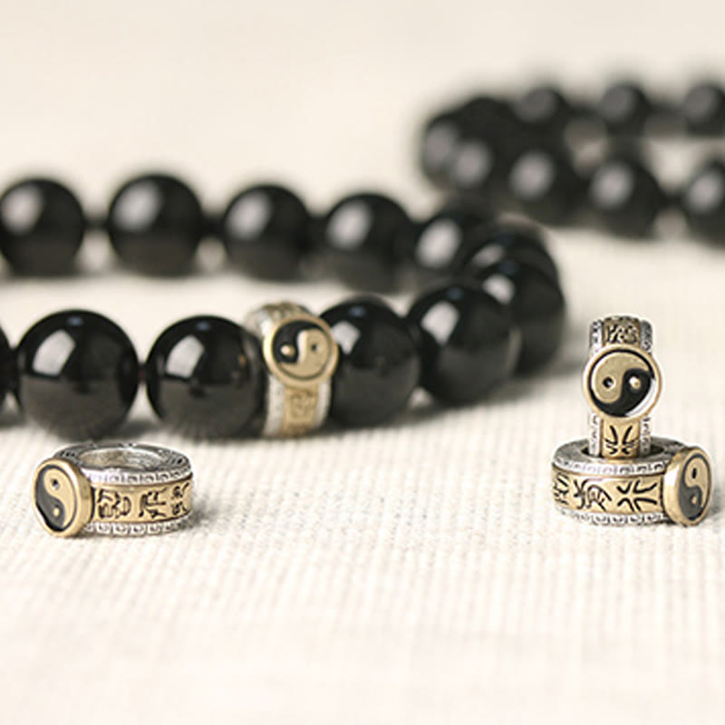 Bracelet d'accomplissement du mantra Yin Yang à neuf caractères en obsidienne noire et Buddha Stones