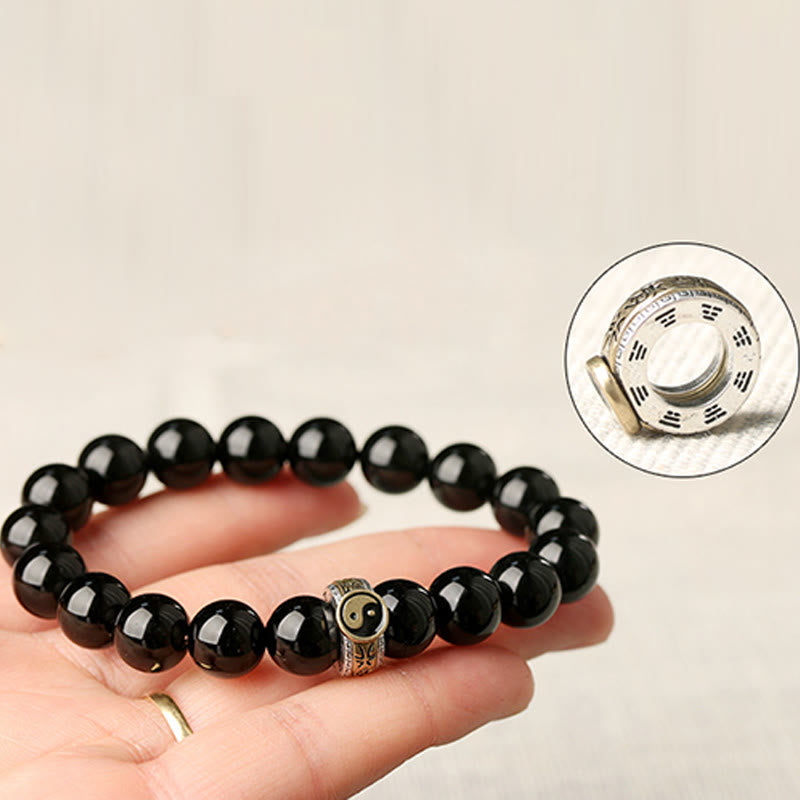 Bracelet d'accomplissement du mantra Yin Yang à neuf caractères en obsidienne noire et Buddha Stones