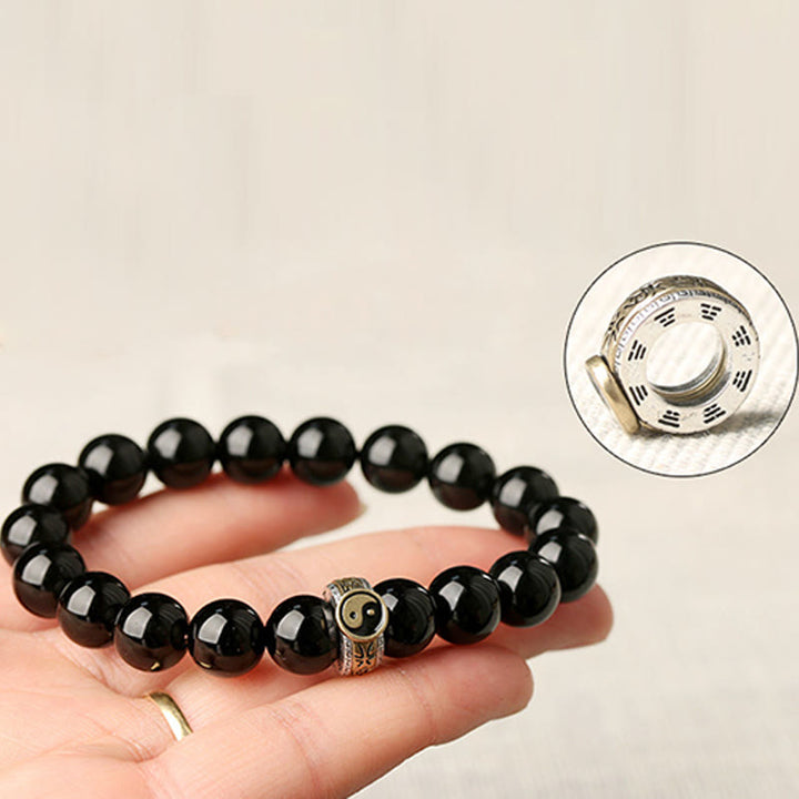 Bracelet d'accomplissement du mantra Yin Yang à neuf caractères en obsidienne noire et Buddha Stones