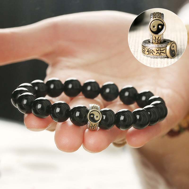 Bracelet d'accomplissement du mantra Yin Yang à neuf caractères en obsidienne noire et Buddha Stones