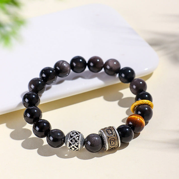 Bracelet de protection Om Mani Padme Hum en Buddha Stones argentée et œil de tigre