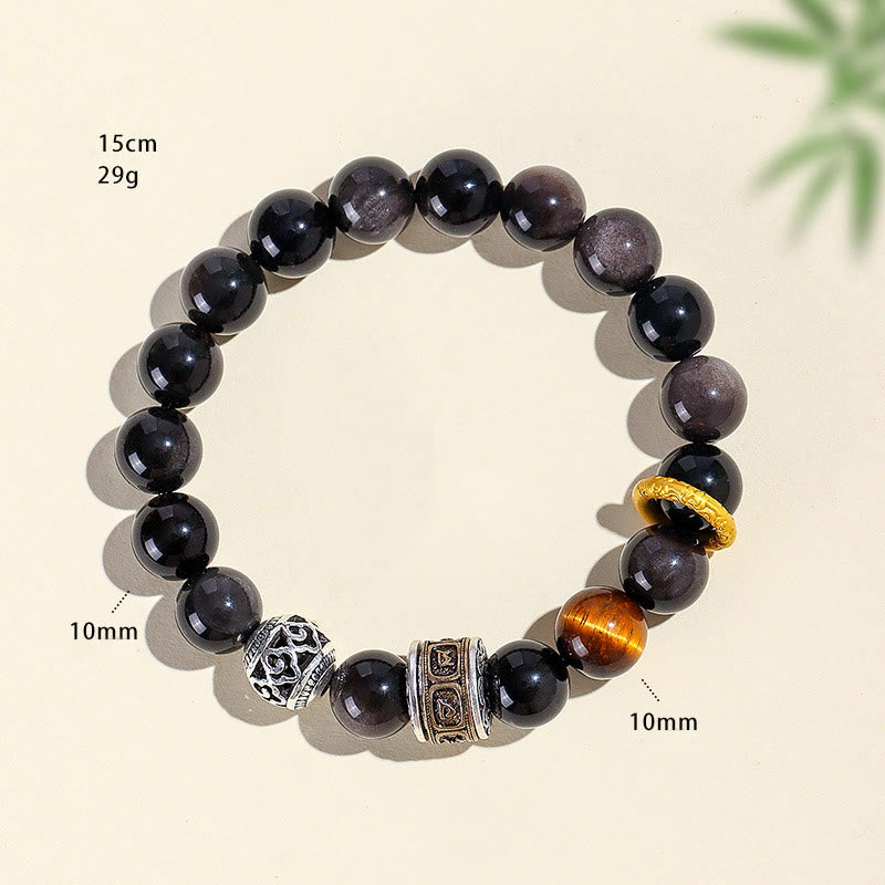 Bracelet de protection Om Mani Padme Hum en Buddha Stones argentée et œil de tigre