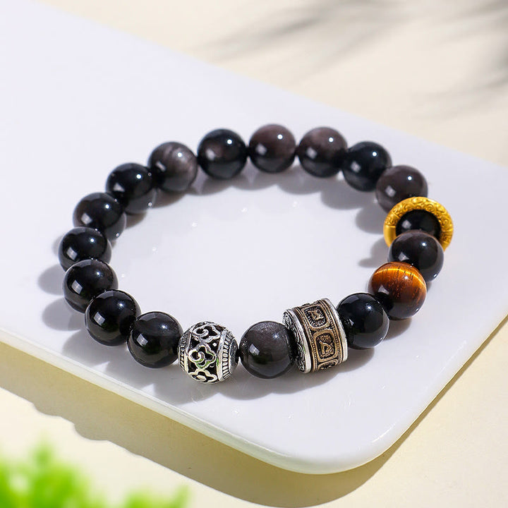 Bracelet de protection Om Mani Padme Hum en Buddha Stones argentée et œil de tigre