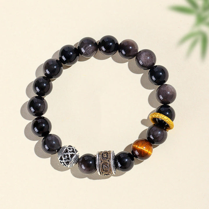 Bracelet de protection Om Mani Padme Hum en Buddha Stones argentée et œil de tigre