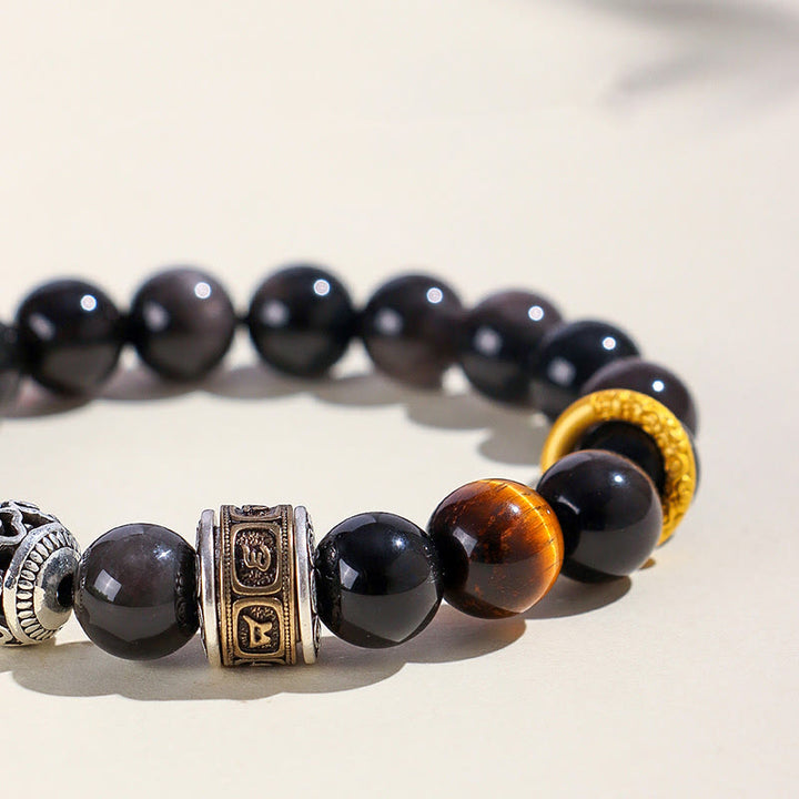 Bracelet de protection Om Mani Padme Hum en Buddha Stones argentée et œil de tigre
