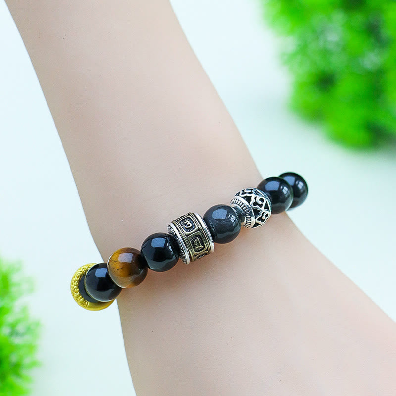 Bracelet de protection Om Mani Padme Hum en Buddha Stones argentée et œil de tigre