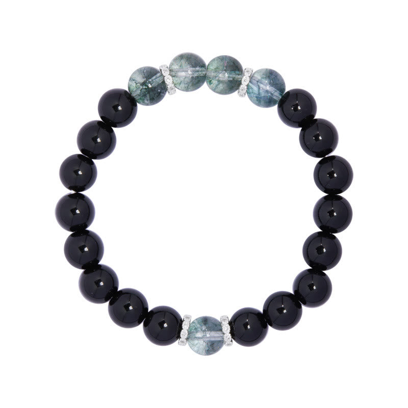 Bracelet Buddha Stones en argent sterling 925, obsidienne noire et vert fantôme