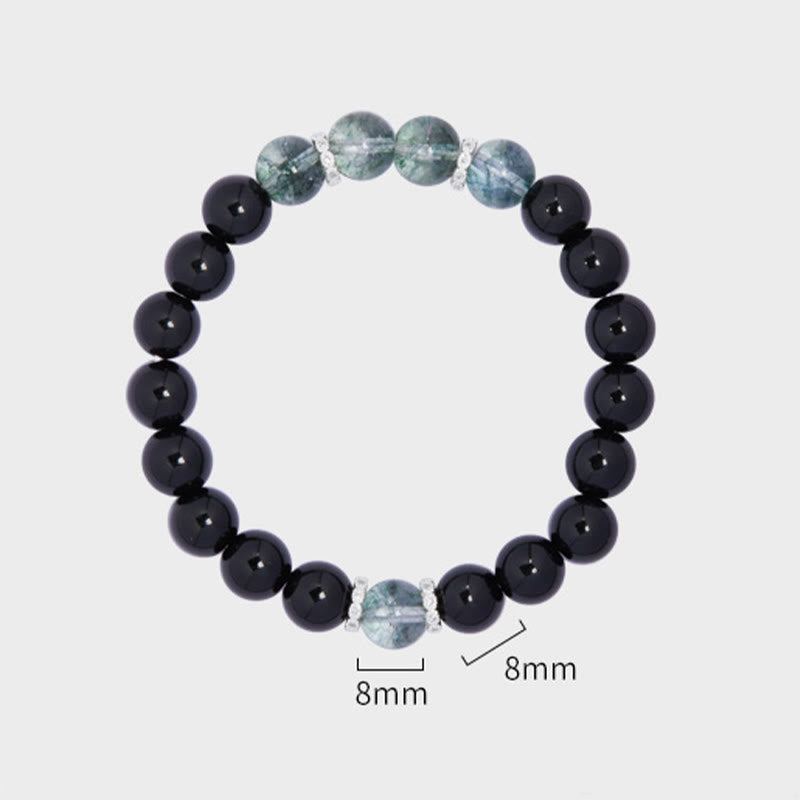 Bracelet Buddha Stones en argent sterling 925, obsidienne noire et vert fantôme
