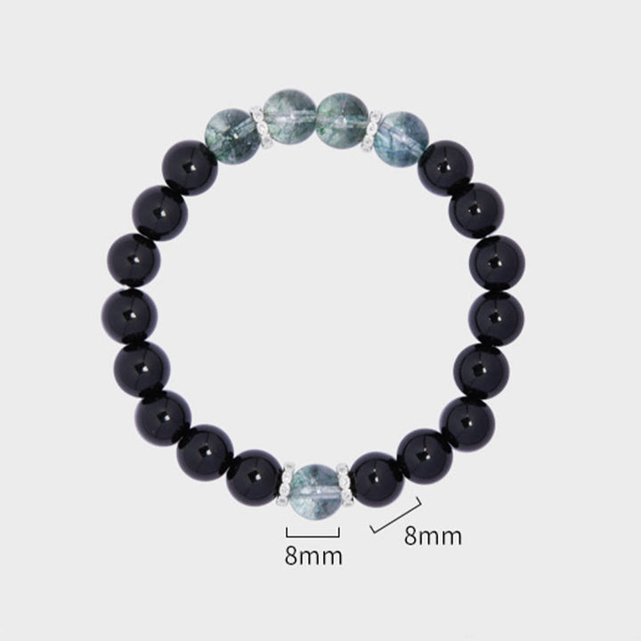 Bracelet Buddha Stones en argent sterling 925, obsidienne noire et vert fantôme