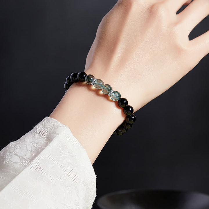 Bracelet Buddha Stones en argent sterling 925, obsidienne noire et vert fantôme