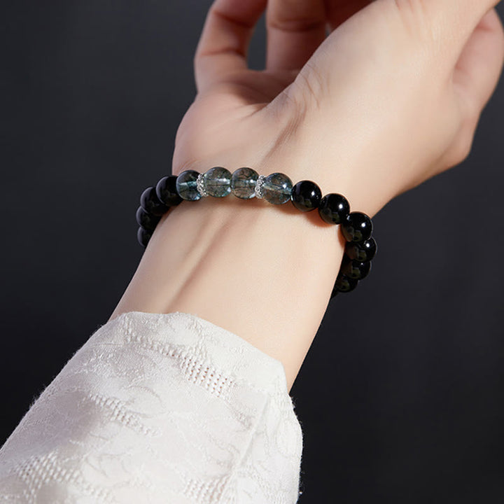 Bracelet Buddha Stones en argent sterling 925, obsidienne noire et vert fantôme