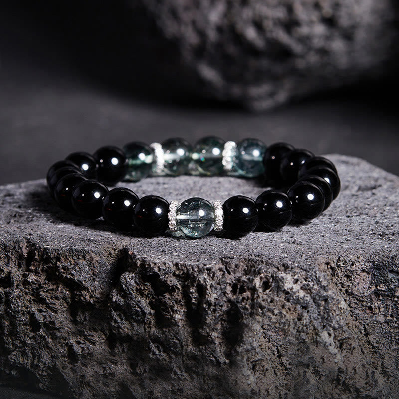 Bracelet Buddha Stones en argent sterling 925, obsidienne noire et vert fantôme - Obsidienne noire (Tour de poignet : 14-16 cm) - image 0