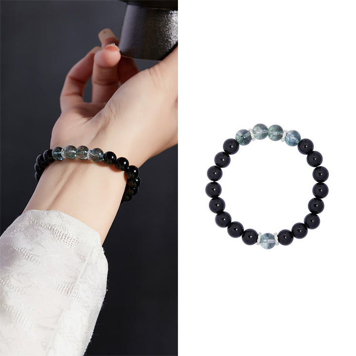 Bracelet Buddha Stones en argent sterling 925, obsidienne noire et vert fantôme
