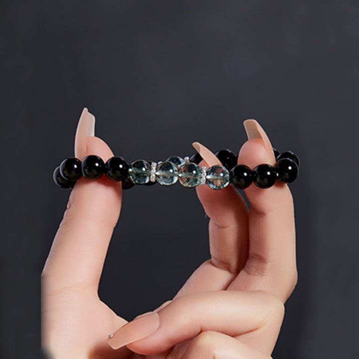 Bracelet Buddha Stones en argent sterling 925, obsidienne noire et vert fantôme