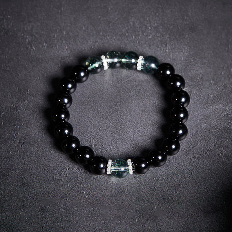 Bracelet Buddha Stones en argent sterling 925, obsidienne noire et vert fantôme