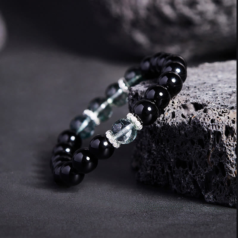 Bracelet Buddha Stones en argent sterling 925, obsidienne noire et vert fantôme