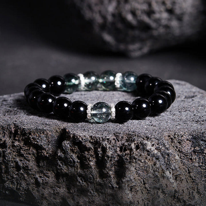 Bracelet Buddha Stones en argent sterling 925, obsidienne noire et vert fantôme