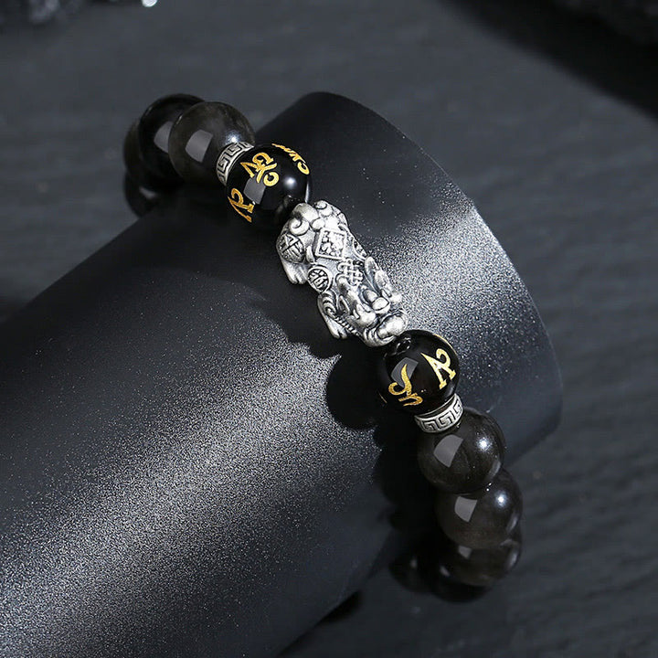 Bracelet de force en obsidienne noire naturelle PiXiu en argent sterling 999 et Buddha Stones