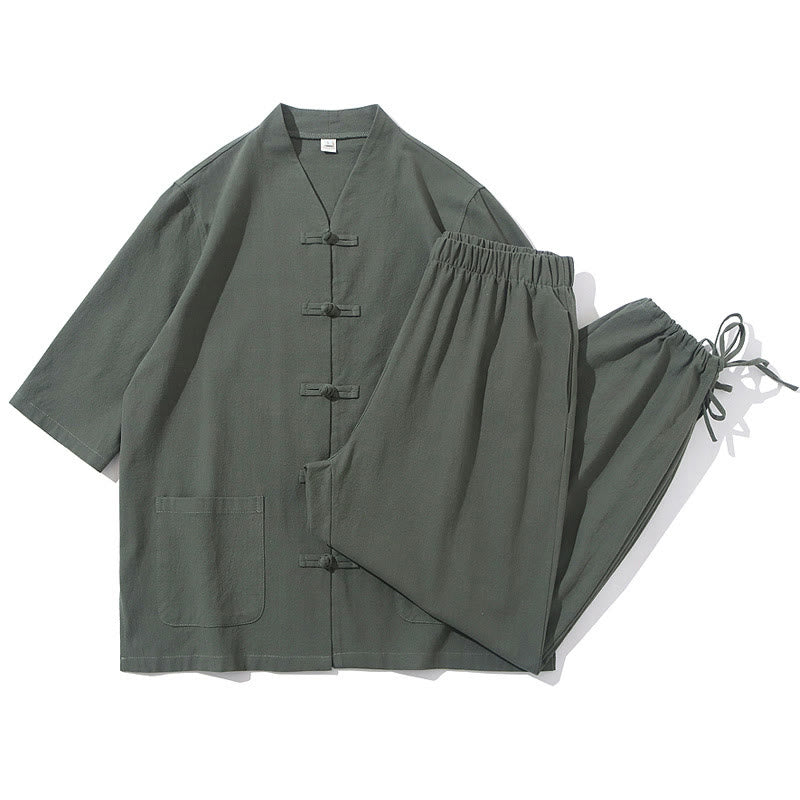 Ensemble 2 pièces de costume Tang à Buddha Stones de grenouille, chemise et pantalon avec poches, en coton et lin, pour homme, tenue de méditation - image 12