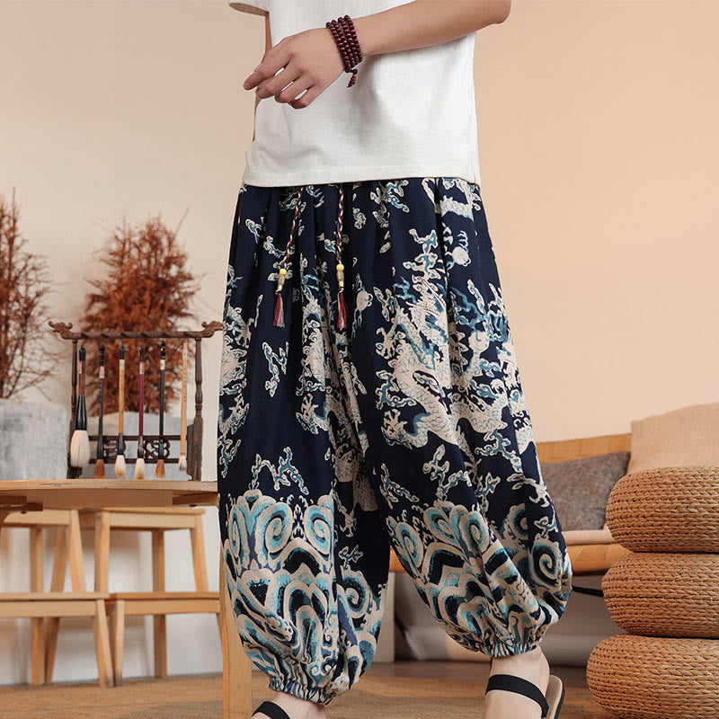 Pantalon sarouel en coton à imprimé dragon et Buddha Stones pour homme, longueur cheville, avec poches - Marine - US/UK/AU46，EU56 (5XL) - image 0