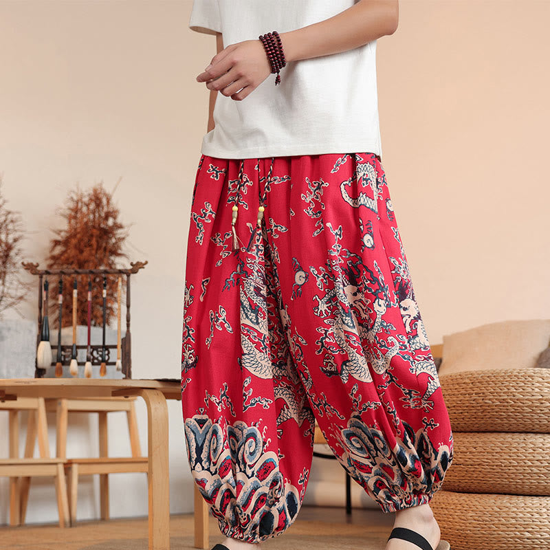Pantalon sarouel en coton à imprimé dragon et Buddha Stones pour homme, longueur cheville, avec poches - Rouge - US/UK/AU46，EU56 (5XL) - image 11