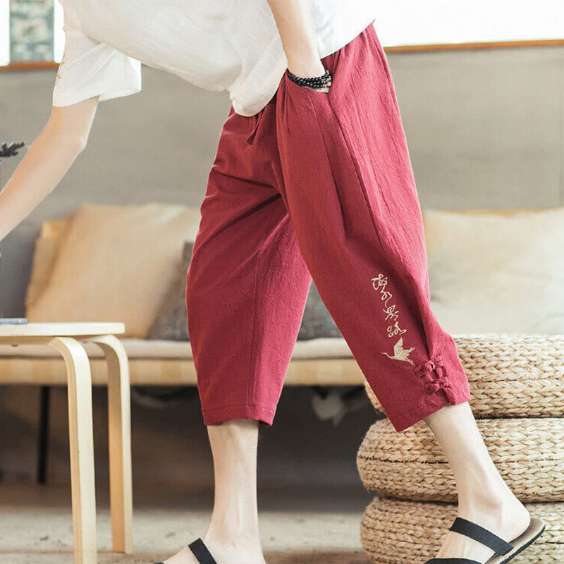 Pantalon sarouel court en coton avec poches pour homme, broderie de grues et de Buddha Stones - Rouge - US/UK/AU46，EU56 (5XL) - image 32