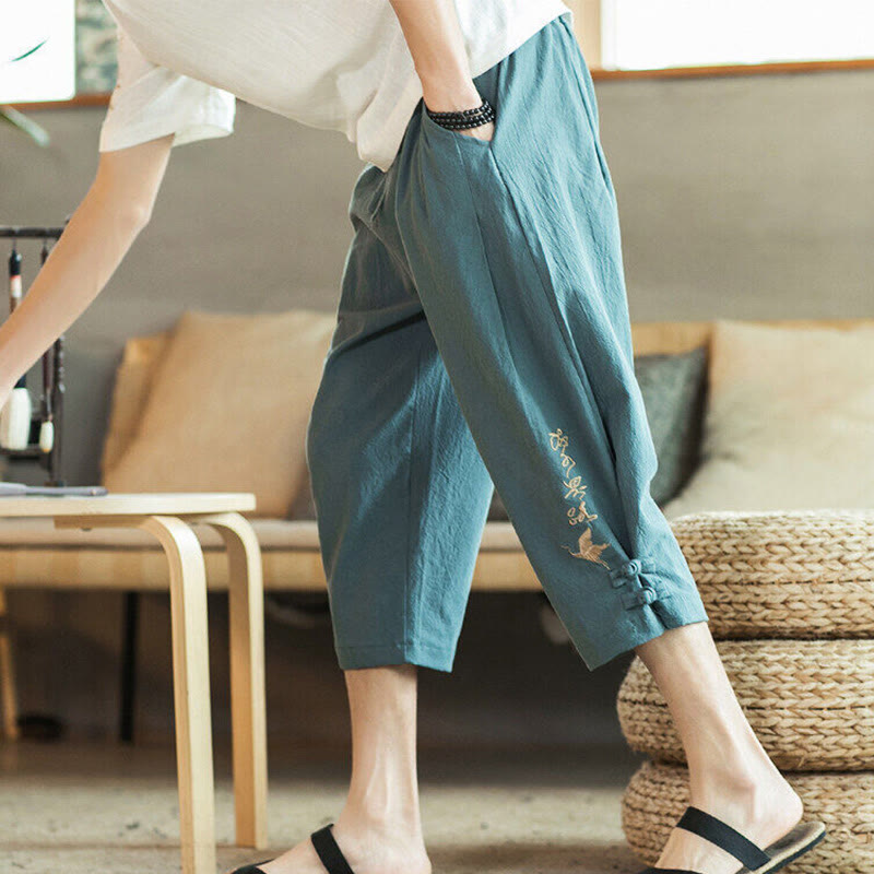 Pantalon sarouel court en coton avec poches pour homme, broderie de grues et de Buddha Stones - CadetBlue - US/UK/AU46，EU56 (5XL) - image 0