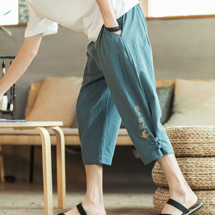 Pantalon sarouel court en coton avec poches pour homme, broderie de grues et de Buddha Stones - CadetBlue - US/UK/AU46，EU56 (5XL) - image 0