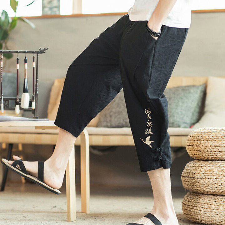 Pantalon sarouel court en coton avec poches pour homme, broderie de grues et de Buddha Stones - Noir - US/UK/AU46，EU56 (5XL) - image 22