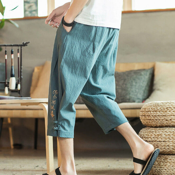 Pantalon sarouel court en coton avec poches pour homme, broderie de grues et de Buddha Stones - image 3