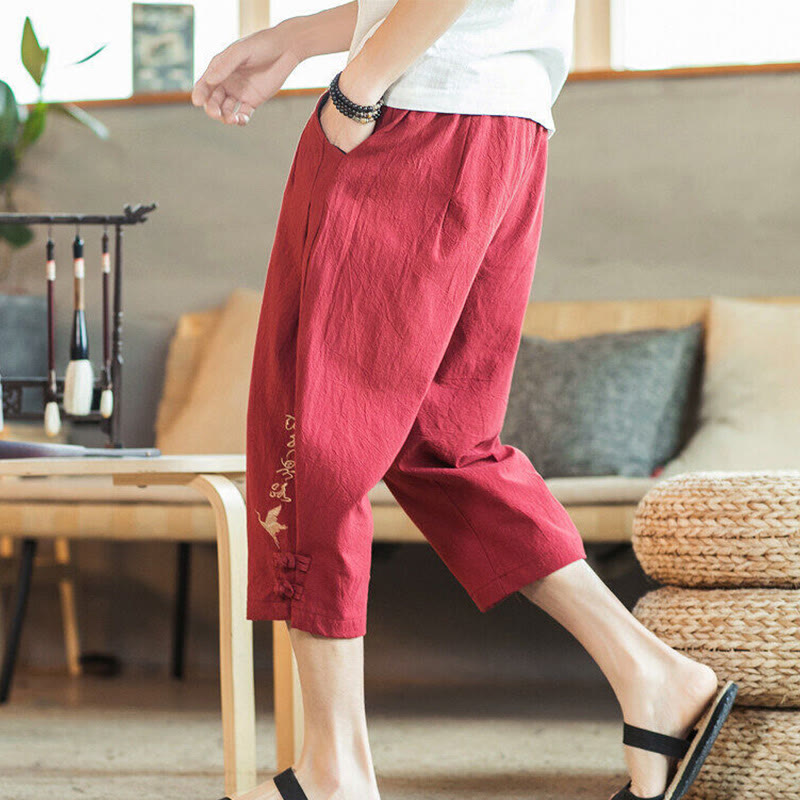 Pantalon sarouel court en coton avec poches pour homme, broderie de grues et de Buddha Stones - image 33